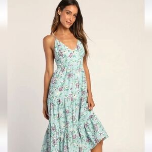 Lulus Bliss Abound light blue floral print tiered midi dress